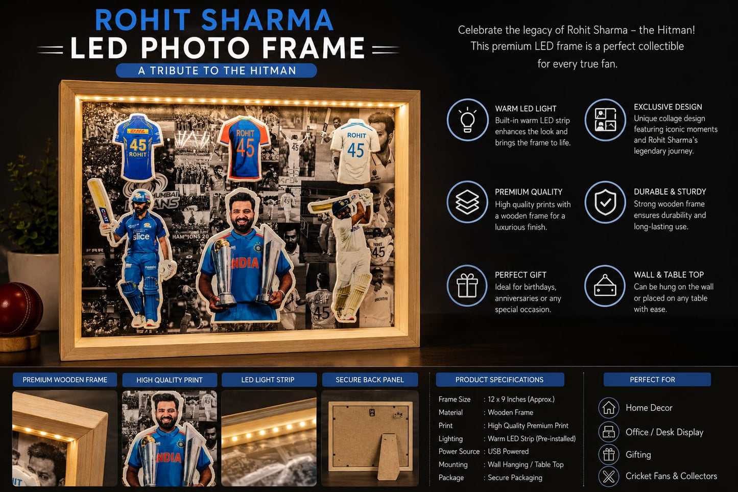 Rohit Sharma Premium LED Wooden Frame