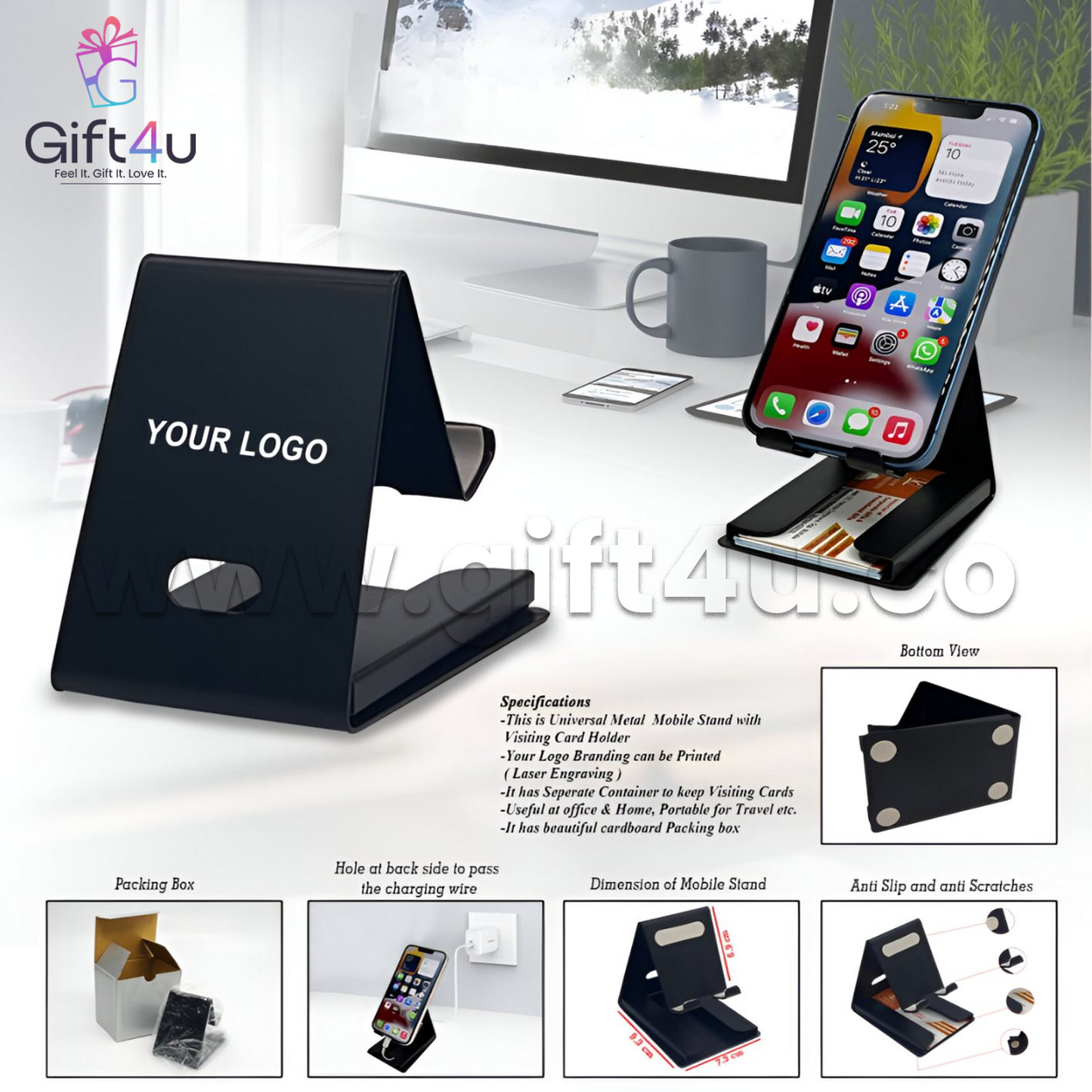 G4U MS3 Customised Metal Mobile Stand – Premium Black Finish | Logo Branding