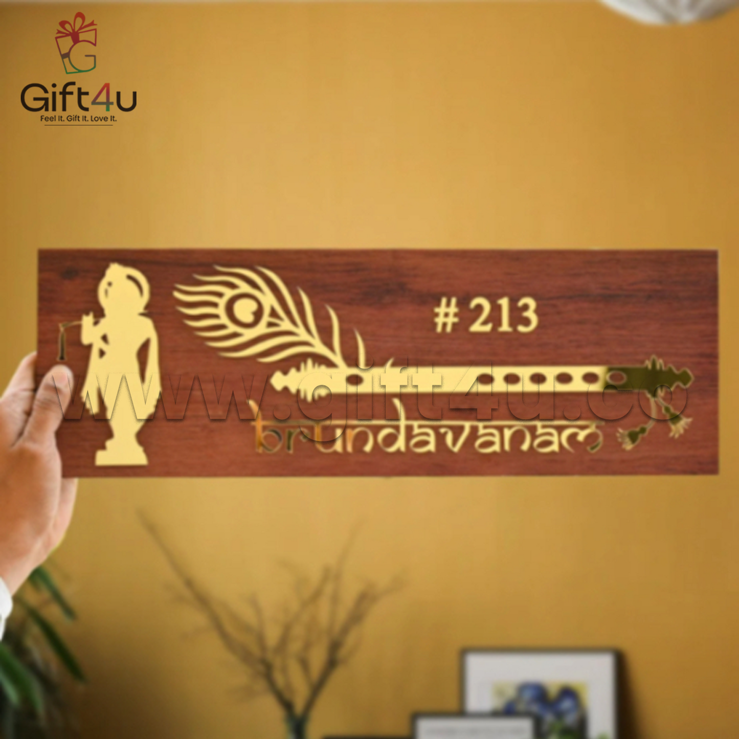 G4U NP37 Customizable Wooden Finish Name Plate with Religious Motifv