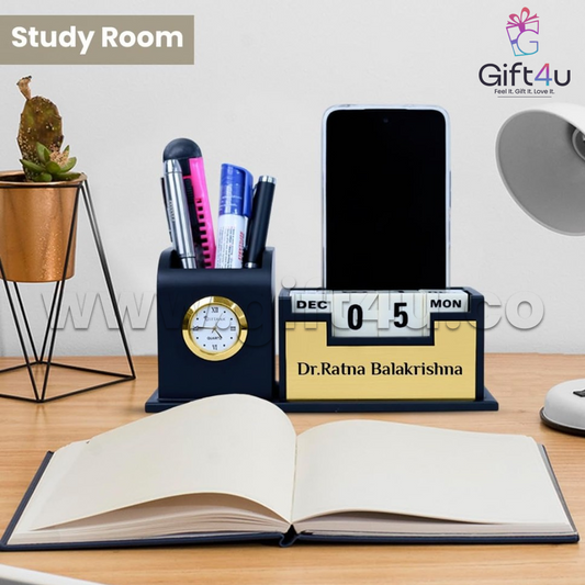 G4U PS2 Black & Gold Wooden Pen Stand with Clock – Timeless Elegance for Your Desk