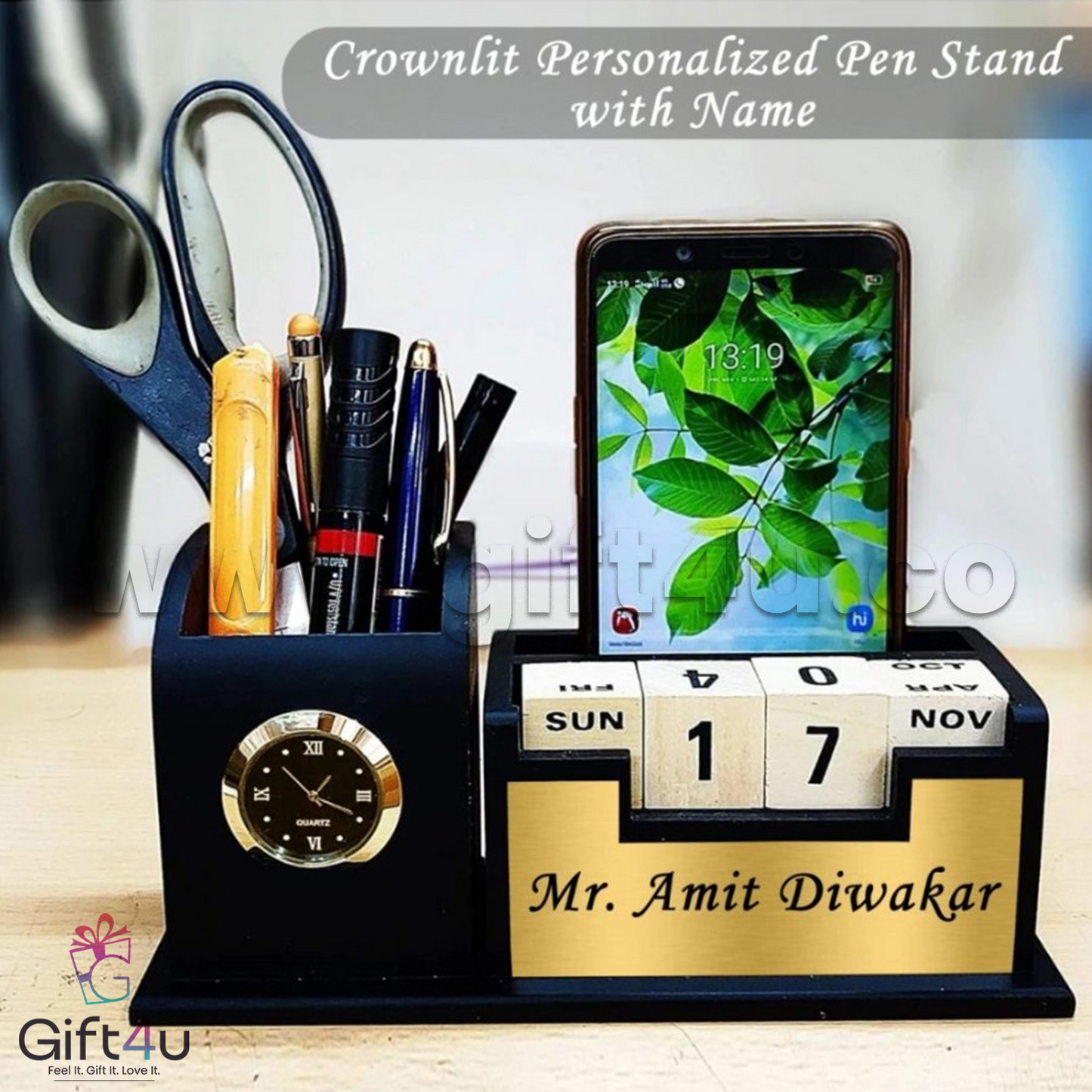 G4U PS2 Black & Gold Wooden Pen Stand with Clock – Timeless Elegance for Your Desk