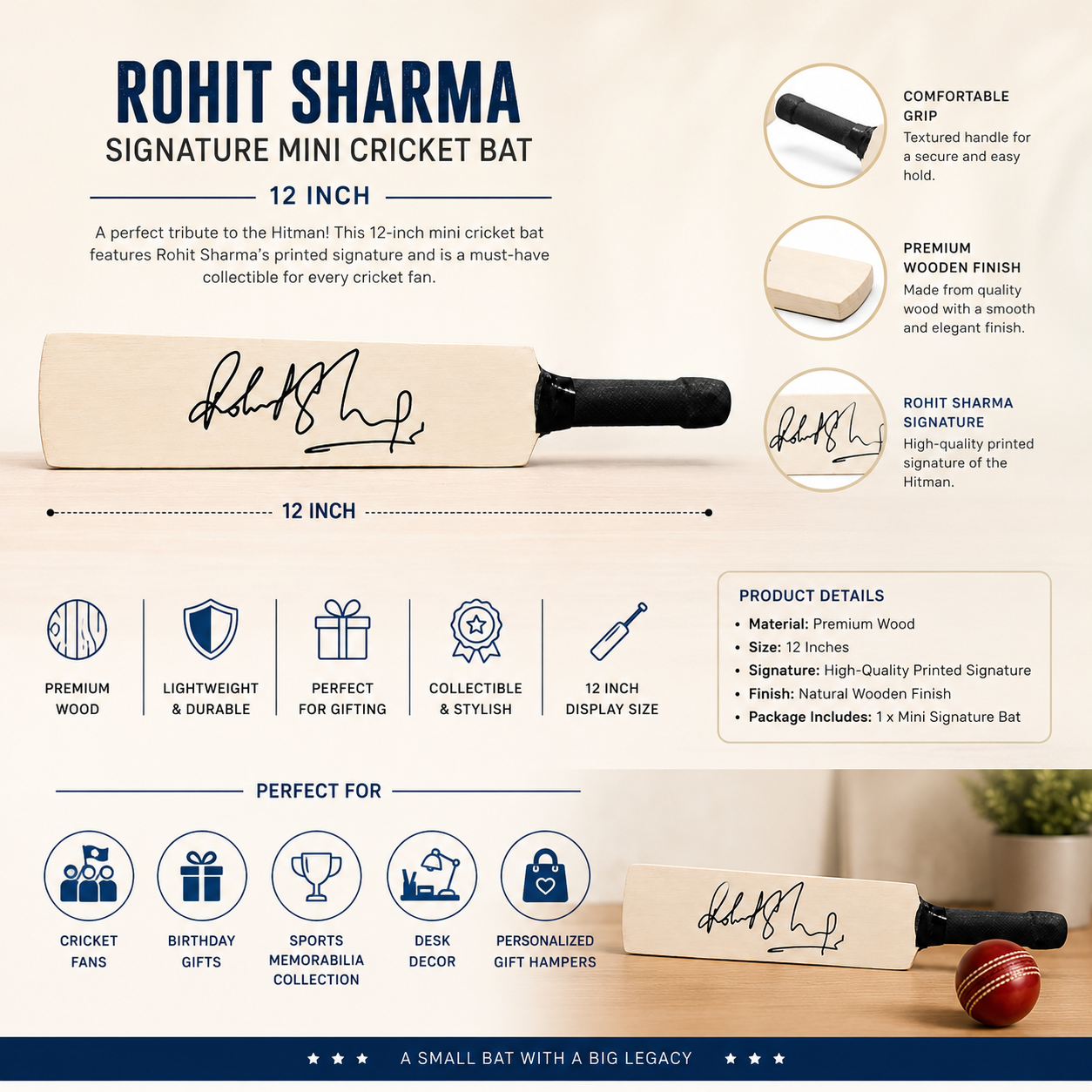 Rohit Sharma Signature Mini Cricket Bat (12 Inch)