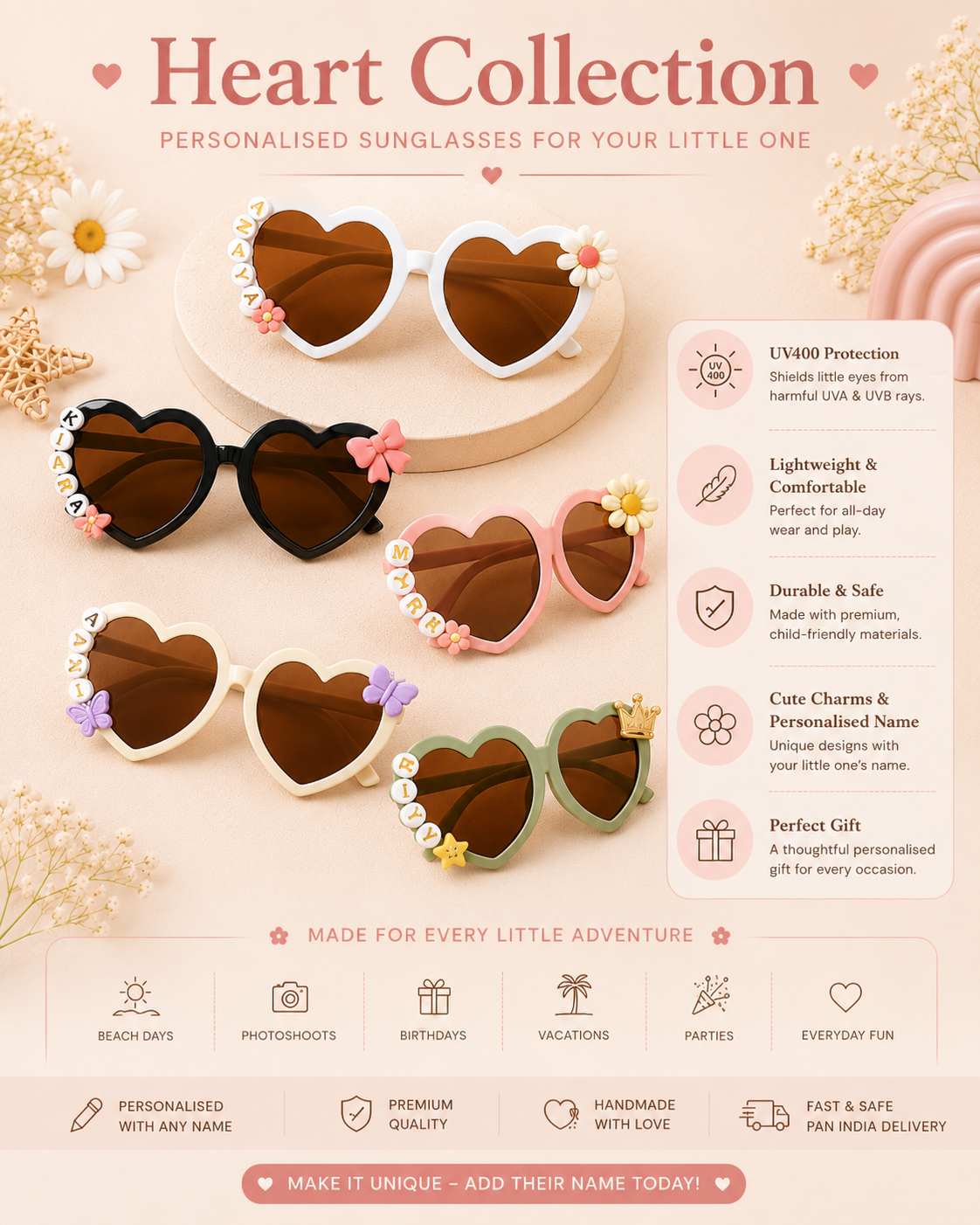 Personalized Heart Charm Sunglasses for Kids